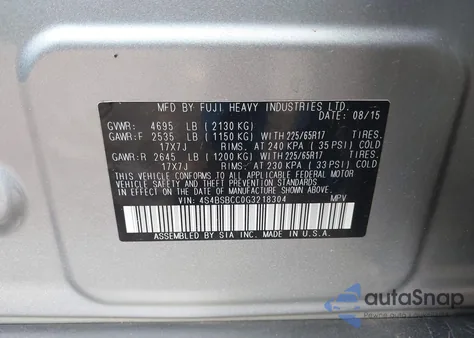 2016 Subaru Outback 2.5I Premium z USA, uszkodzony, nr VIN 4S4BSBCC0G3218304